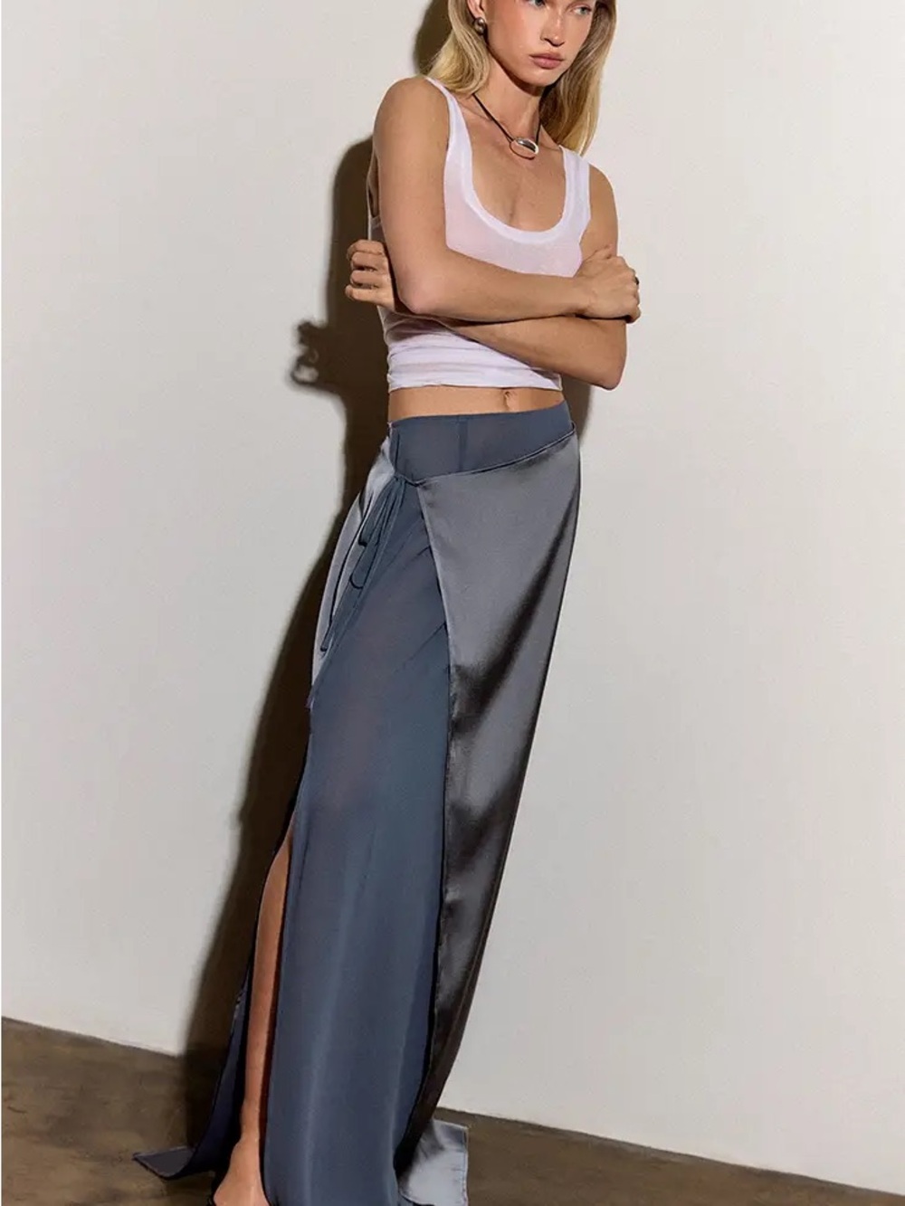 PrettyLittleThing Charcoal Satin Wrap Maxi Skirt